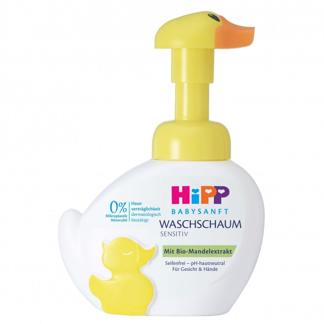 Hipp Babysanft Sensitiv Soap Foam bottle with a yellow duck-shaped pump on a white background.