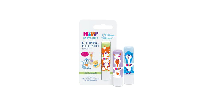 HEPP Baresine Bio Lippen-Pflegestift Sensitive lip balm set, featuring a blister pack with three tubes and three individual tubes displayed in front, decorated with colorful cartoon animal illustrations.
