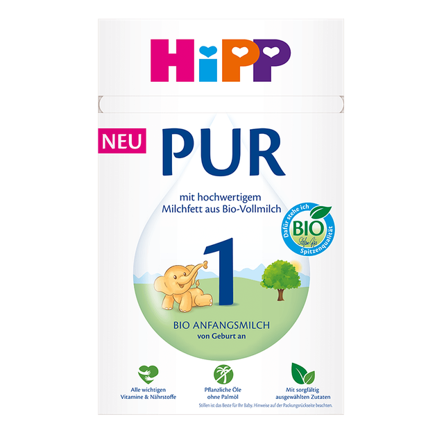 A white canister of Hipp Pur 1st organic infant formula with German text, featuring the colorful Hipp logo and a green bear illustration on a plain white background.