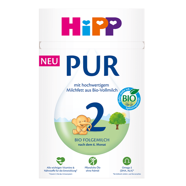 A canister of Hipp Pur 2 Bio Full-Milk Powder with cow and mare milk on a plain white background. The packaging is white with blue, green, and multicolor logo accents.
