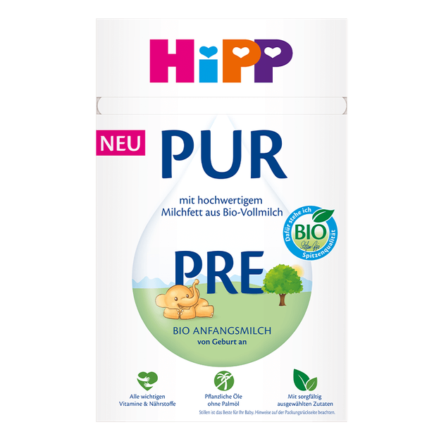 A white tub of Hipp Pur Pre organic cow's milk powder for babies, featuring the brand logo and product details on a clean white background.