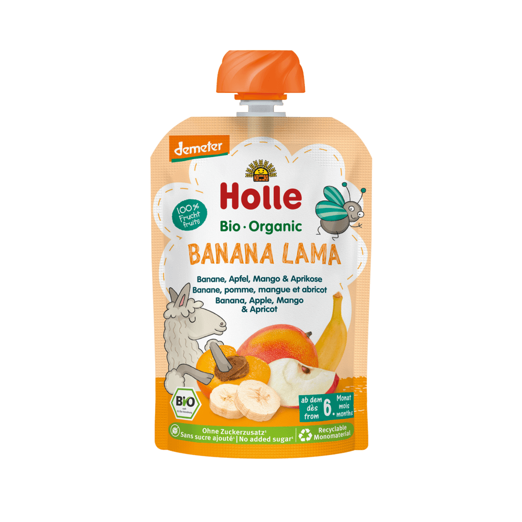 Holle organic banana lama baby food pouch on a black background