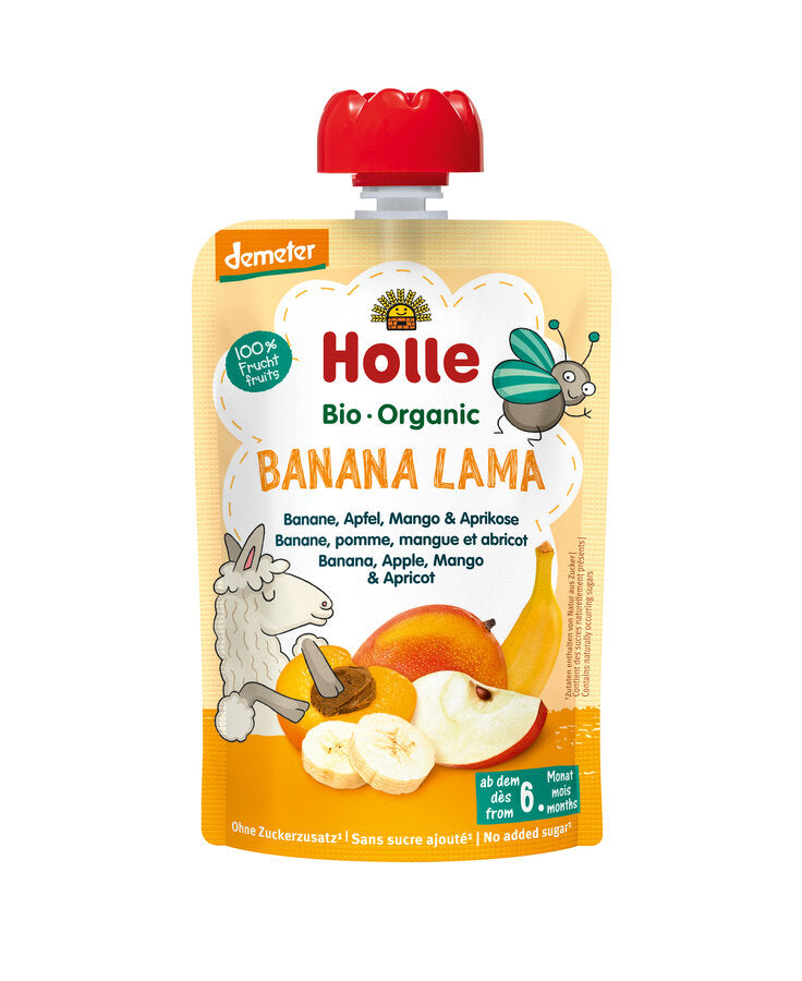 A Holle Bio-Organic Banana Lama baby food pouch by demeter, featuring a bright yellow-orange packaging with illustrations of a banana, apple, pear, and lamb, topped with a red cap.