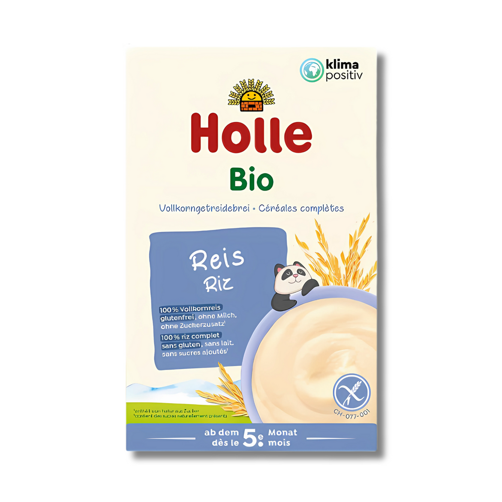 Holle organic rice cereal packaging on a white background