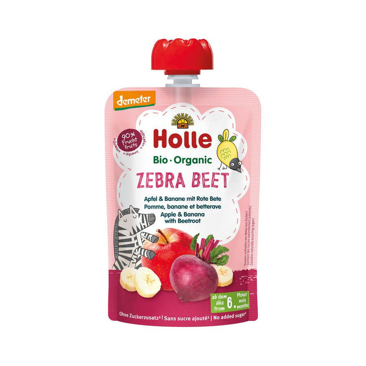 Packaging of Holle Organic Zebra Beet Puree with illustrations of apples, bananas, and beets, and certification logos.