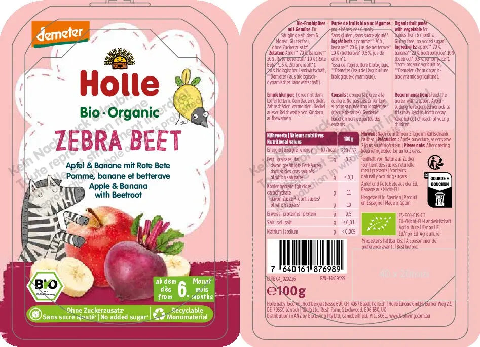 Front and back packaging of a 100g bag of Holle Bio - Organic Zebra Beet apple and banana smoothie mix by demeter, featuring a pink and white design with illustrations of a zebra, beet, banana, and apple.