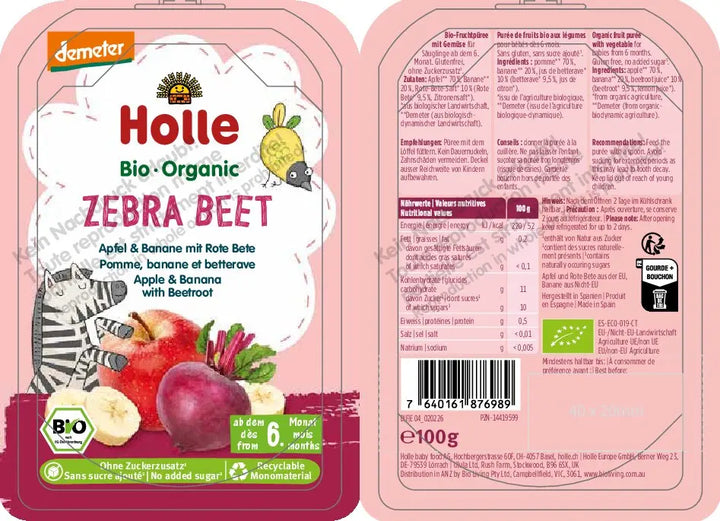 Front and back packaging of a 100g bag of Holle Bio - Organic Zebra Beet apple and banana smoothie mix by demeter, featuring a pink and white design with illustrations of a zebra, beet, banana, and apple.