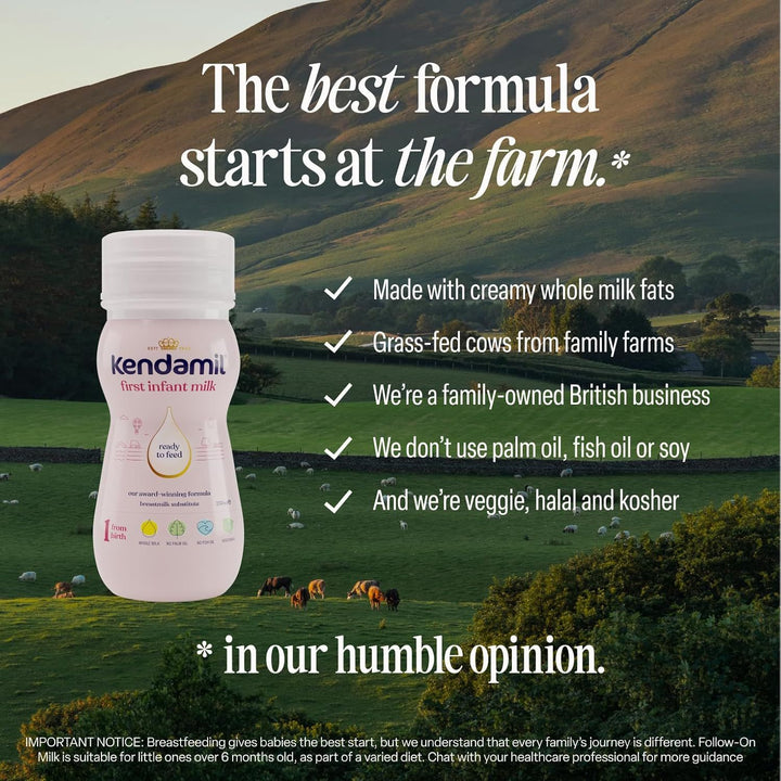 Kendamil baby formula bottle with a scenic farm background