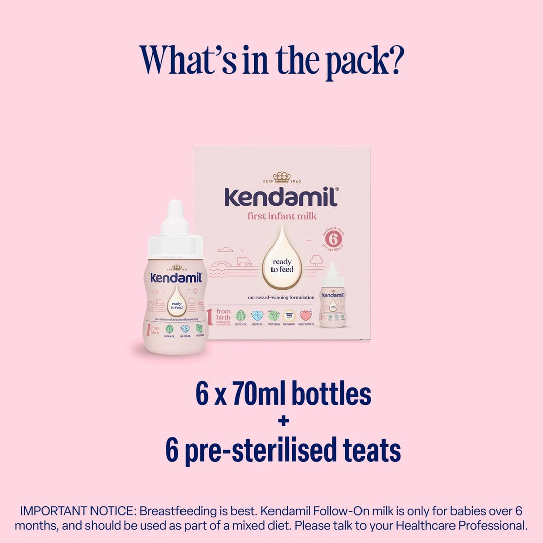 Kendamil milk packaging with a bottle and box on a pink background, detailing contents and important notice.