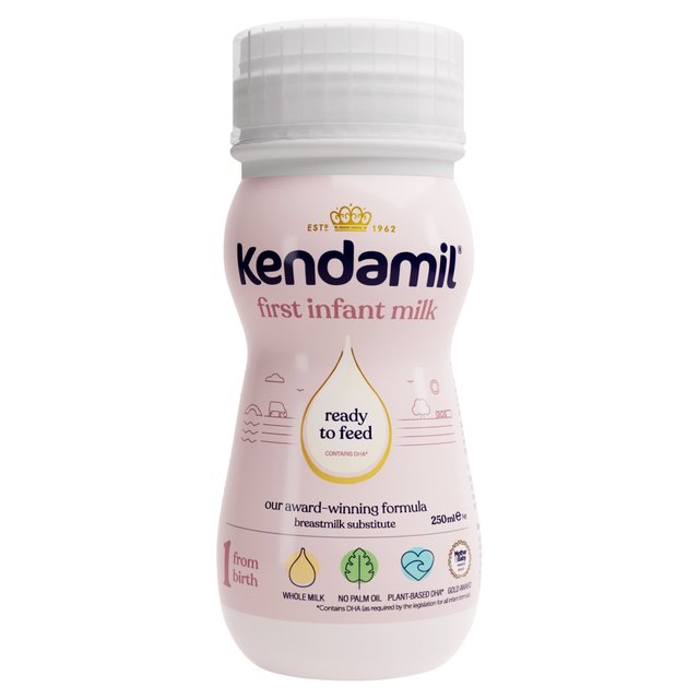 A bottle of Kendamil 1 First Infant Milk Ready To Feed, 250ml, with branding and product information on the label.