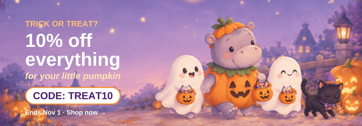 Halloween sale: 10% off everything with code TREAT10, baby hippo in a pumpkin costume trick-or-treating
