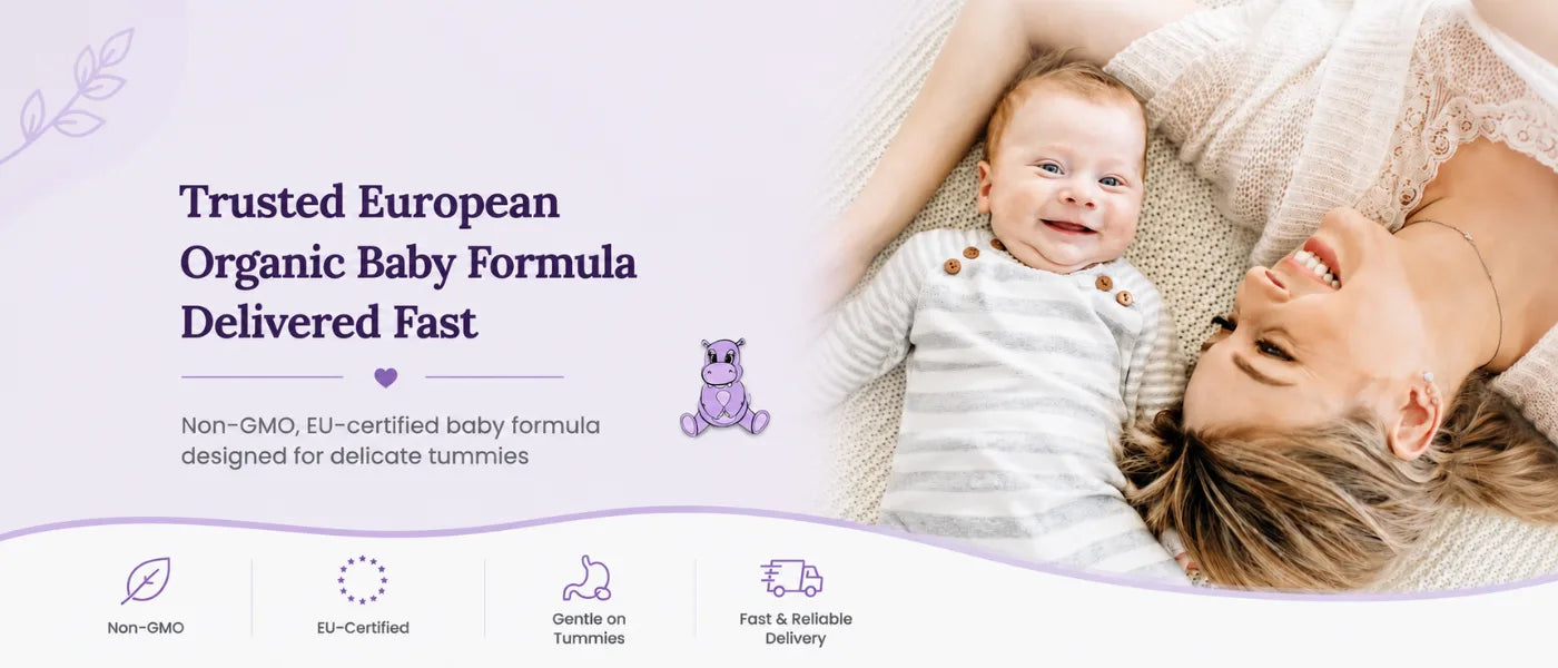 Trusted European organic baby formula with a smiling mother and baby, featuring non-GMO, EU-certified formula for delicate tummies and fast delivery.