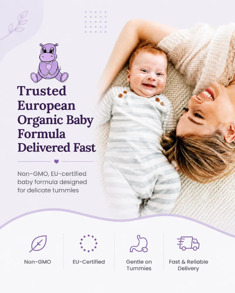 Trusted European organic baby formula with a smiling mother and baby, featuring non-GMO, EU-certified formula for delicate tummies and fast delivery.